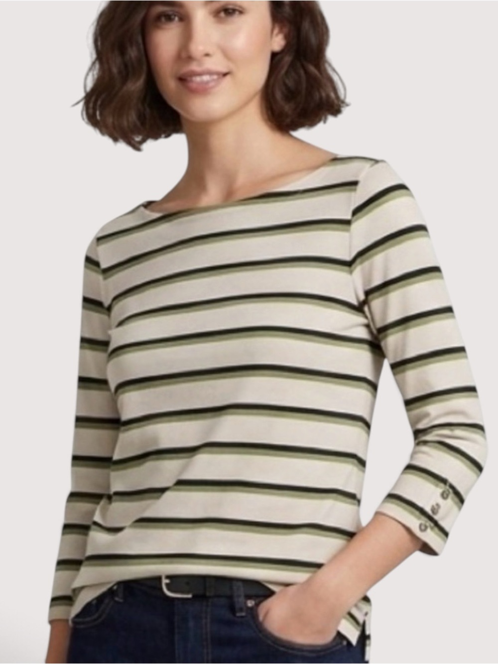 Tabitha Webb 3/4 Sleeve Cotton Blend Striped Tee Ivory Green UK Design Size S